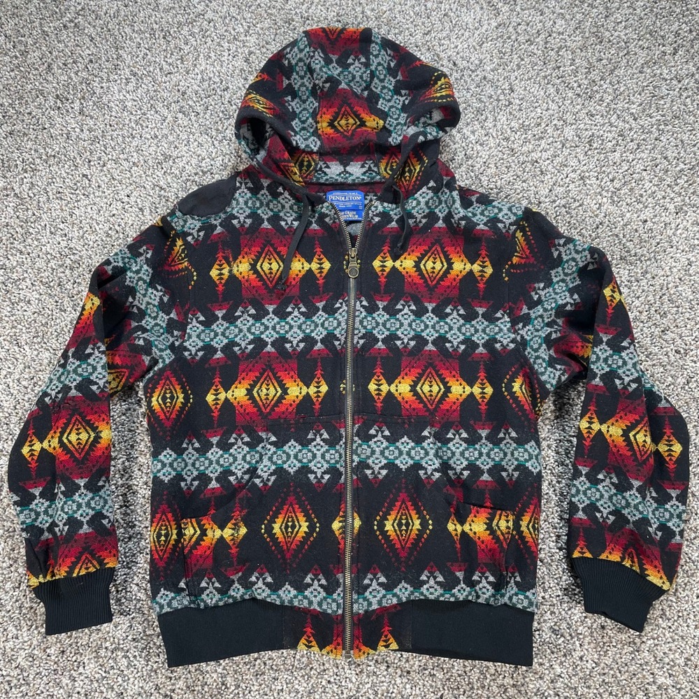 Pendleton Men's L High Grade Western Wear Wool Aztec Geometric Zip Hoodie Black